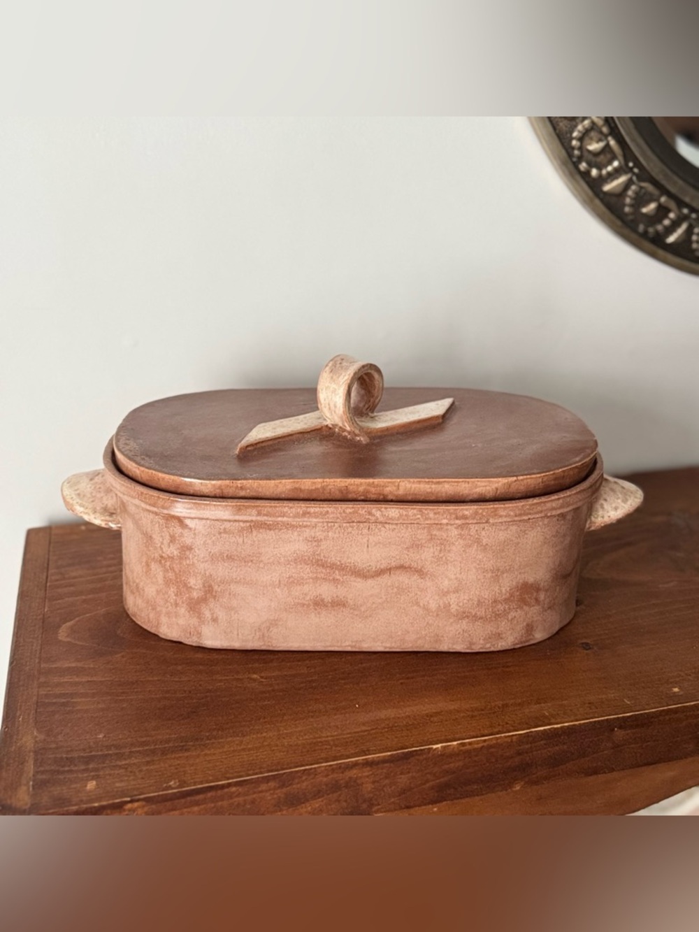 Handmade 80s terracotta casserole‎ dish vintage glazed oval serving pot with lid